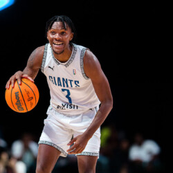 PRETORIA, SOUTH AFRICA - APRIL 1: Aviwe Mahlong #3 of the Johannesburg Giants dribbles the ball during the game against RSSB Tigers on April 1, 2026 at SunBet Arena in Pretoria, South Africa. NOTE TO USER: User expressly acknowledges and agrees that, by downloading and/or using this photograph, user is consenting to the terms and conditions of the Getty Images License Agreement. Mandatory Copyright Notice: Copyright 2026 NBAE (Photo by Julien Bacot/NBAE via Getty Images)